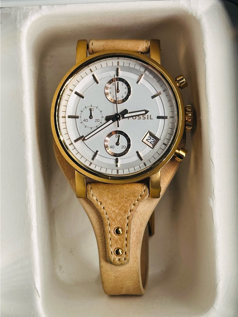Fossil Boyfriend Rose-Gold Watch with Gold/Tan Leather Chronograph Watch